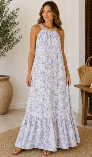 120% Lino Linen Beaded Halter Maxi Dress Floral White Blue EU 38 US 6 Coastal thumbnail 1
