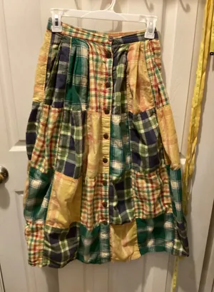 Susan Bristol Patchwork Button-Front Midi Skirt in Green & Yellow thumbnail 1