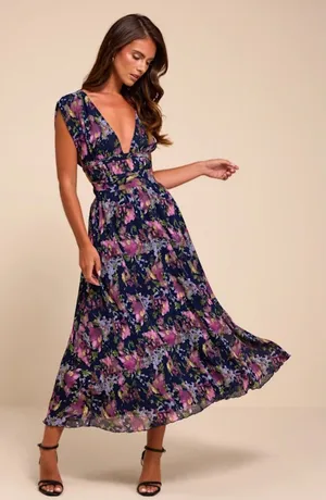 Lulus Tayler Navy Multi Floral Plisse Midi Dress thumbnail 1