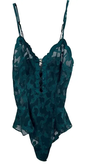 VTG Victorias‎ Secret Gold Label Forest Green Lace Floral Teddy Bodysuit Small thumbnail 1