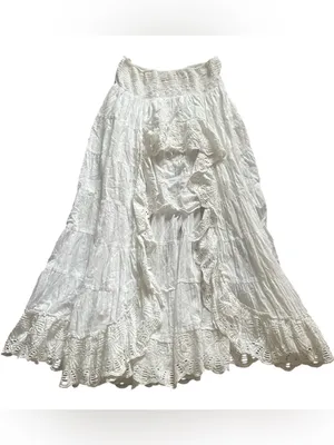 Solitaire High Low Ruffle Cottagecore Tiered Romantic White Peasant Maxi Skirt L thumbnail 3