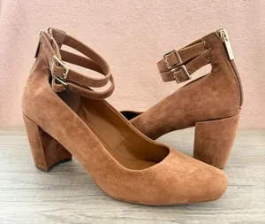 H by Halston Regina Brown Suede 3.25" Block Heel Pump Buckle Ankle Strap Zip 10 thumbnail 1