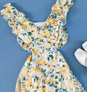NWT Yellow Floral Print Flutter Sleeve Ruffle Cutout White Dress thumbnail 7