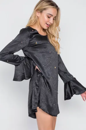 Love Riche Rhinestone Long Bell Sleeve Back Cut Out Mini Dress in Black thumbnail 1