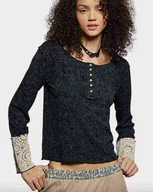 POL Black Long Sleeve Top with Crochet Cuffs Size Small thumbnail 1