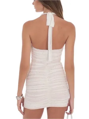 Lucy in the Sky Boop Rhinestone Bodycon Mini Dress White Ruched Halter Party M thumbnail 3