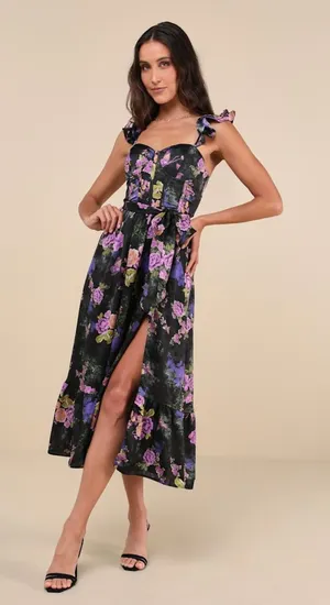 Lulus Sweet Like Sangria Black Floral Ruffled Bustier Dress Size Small Formal thumbnail 1