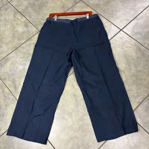 Orvis Wide Leg 100% Linen Solid Navy Drawstring Cropped Pant Large Beach Resort thumbnail 6