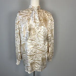 Escada Vintage Leopard Tiger Print Cream‎ Silk Blouse Top Size 36/6 Long Sleeve thumbnail 3