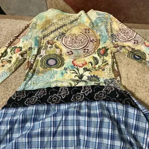 Zashi Womens Lagenlook XL Mixed Media Boho Tunic Top Plaid‎ Floral Handkerchief thumbnail 9