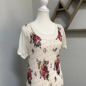 Nostalgia Cream Floral Maxi Dress Layered Short Sleeve Polka Dot 100% Rayon thumbnail 2