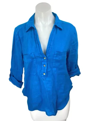 Zara Blue 100% Linen Half Sleeve Pocket V Neck Button Front Shirt Top Size S thumbnail 1