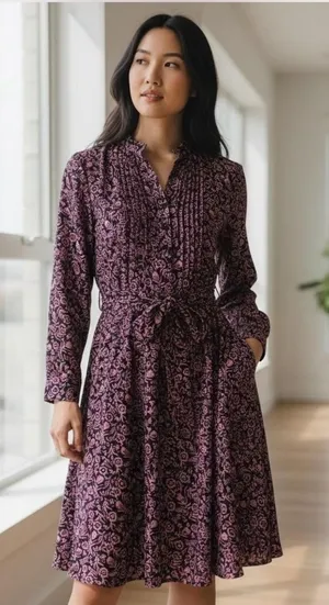 Nanette Lepore Floral Midi Dress Women 8 Navy Blue Pink Long‎ Sleeve Belted Boho thumbnail 1