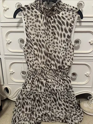Express Brown and Cream Smocked Neck Animal Print Dress thumbnail 1