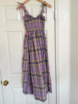 Anthropologie Damson Madder Hettie Seersucker Midi Dress Size 6 Plaid Purple thumbnail 6