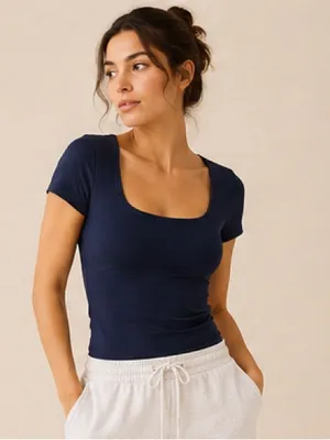 SKIMS Navy Blue Square Neck Cap Sleeve Basic Essential Luxury Y2K Tee Small thumbnail 8