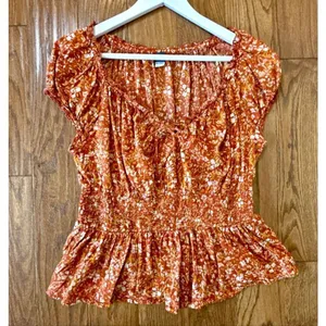Old Navy orange floral puff sleeve smocked top size M thumbnail 10