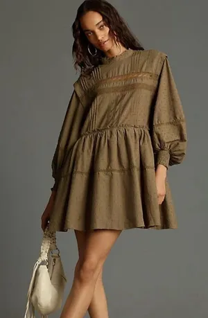 Pilcro by Anthropologie Long-Sleeve Mock-Neck Swing Mini Dress in Green Size XS thumbnail 1