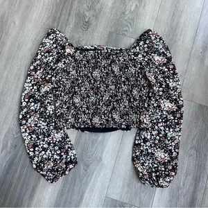 Lulus Womens Black Floral Crop Top Blouse Smocked Long Sleeve L NWT thumbnail 6
