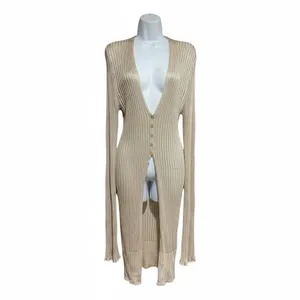 Free People Vie Boheme Cardi Sandcastle Tan Ribbed Knit Slit Cardigan Large L thumbnail 6