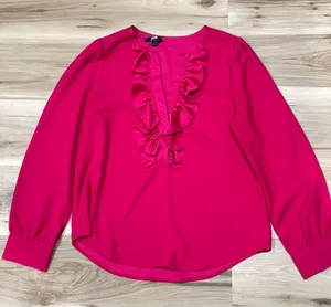 J Crew Pink Long Sleeve Ruffle Front Blouse Satin Crepe Women’s Medium thumbnail 1