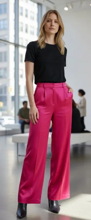 NWT ZARA Satin Effect Shiny Wide Leg Fuchsia Pant Bloggers Fave XS thumbnail 1