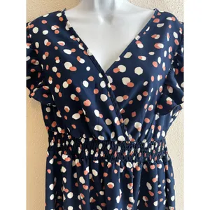 BloomChic Midi Dress Size 10 Navy Blue Polka Dot Ruffle Flutter Sleeve Smocked‎ thumbnail 2