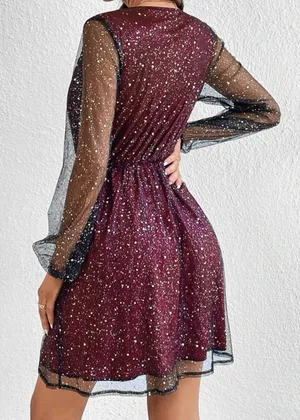 Bling Mesh Sleeve Long Red Maroon Mini Flare Dresss Small Nwot V thumbnail 5