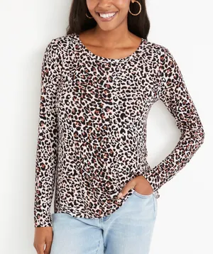 Maurices 24/7 Cream Brown Leopard Print Crew Neck Long Sleeve Tee thumbnail 1