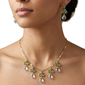 Light Blue Green Teardrop Crystal Necklace Earring Gold Tone Set 2028 Brand thumbnail 1