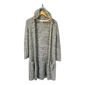 Poof Apparel Cardigan Womens Medium Grey White Hooded‎ Longline Textured Pocket thumbnail 3
