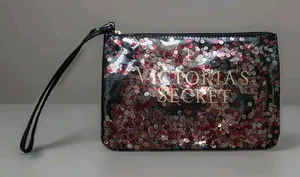 Victorias Secret Clear Sequin Wristlet Clutch Makeup Cosmetic Bag 8.5x6 in Zip thumbnail 1