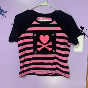 tokidoki cropped Pink & Black Heart Crossbones Stripe Tee thumbnail 1