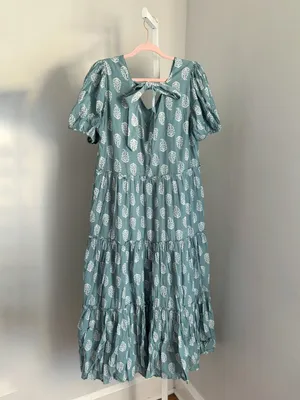 Lucky Brand Women's Teal Puff-Sleeve Tiered Maxi Dress Size Medium Boho Flowy thumbnail 4