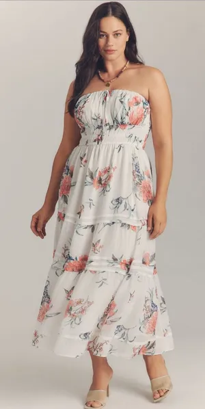 Anthropologie Somerset Strapless Floral Chiffon Midi Dress Ivory‎ NWT Size L thumbnail 1