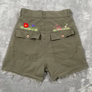 Off White Shorts Womens 26 Green Flower Embroidery Cargo Streetwear Military thumbnail 2