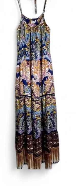 Johanne Beck Floral Paisley Print Silk Lace Tiered Maxi Dress Strap Boho. SZ S/M thumbnail 1