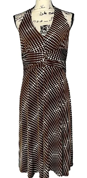Sushi Flower Brown Polka Dot Halter Midi Dress Retro Pinup V-Neck Large USA thumbnail 1