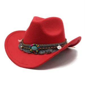 Red‎ Western Cowboy, Cowgirl Hat, Bead Tassle Strap, Men Women Retro Wide Brim thumbnail 5
