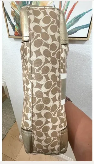Coach Beige Signature Stripe Tote With Gold Trim thumbnail 4