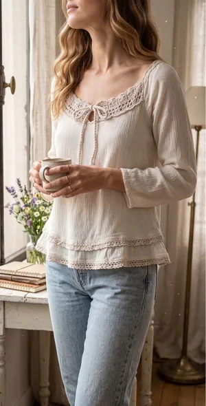 Super B Cream Crochet Lace Trim Gauze Peasant Blouse Top Medium thumbnail 1