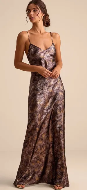 Sheeva Shiny Brown Multi Abstract Satin Lace-Up Maxi Dress thumbnail 1