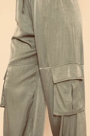 BUZZ FASHION Cargo Wide Leg PULL-ON SATIN Effect heigh waisted stretchy pants L thumbnail 3