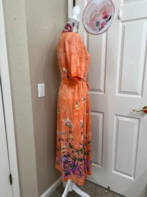 La Cera Orange Floral Button-Front Midi Dress Short Sleeve with Pockets Size M thumbnail 3