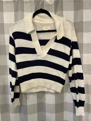 Maeve Cropped Striped V-Neck Sweater in Navy and Cream thumbnail 1