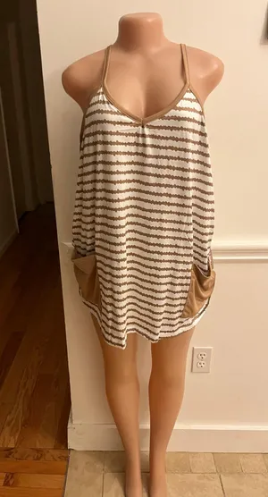 Lpkrt Stylish sleeveless dress with tan and white stripes. Features convenient pockets. thumbnail 2