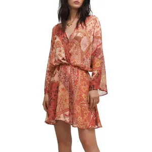Mango Boho Floral Print Long Sleeve Flowy Chiffon Mini Dress Womens size 4 Small thumbnail 3