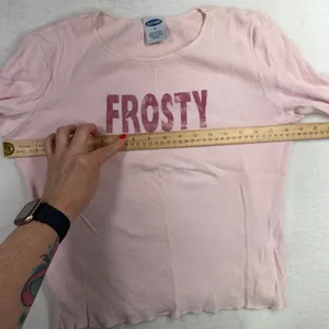 Y2K Vintage Old Navy Size M Long Sleeve Pink Frosty Ribbed Graphic Top 427411 thumbnail 10