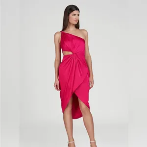 AMUR Deena One Shoulder Midi Dress in Rosie Raspberry‎ Hot Pink Satin Cut Out 4 thumbnail 3