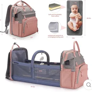 MULTI Compartment diaper bag with changing pad, USB & foldable crib Pink thumbnail 11